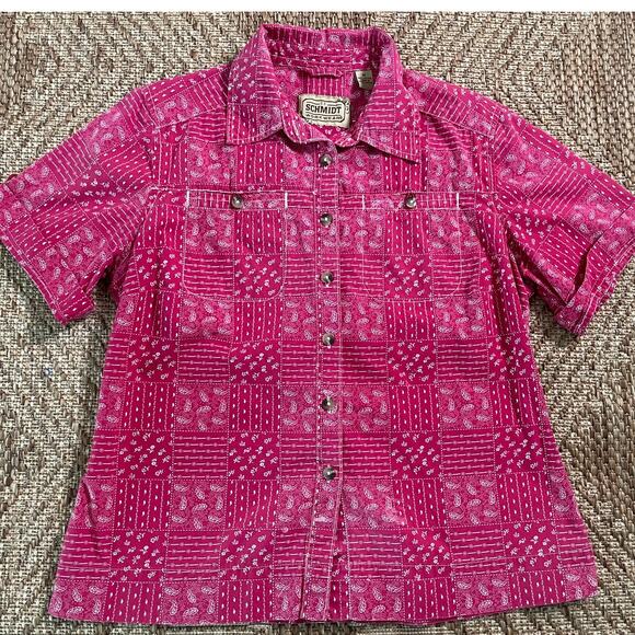 C.E.Schmidt Work Wear Pink 100% cotton bandana pattern button front top SZ M - Picture 1 of 7